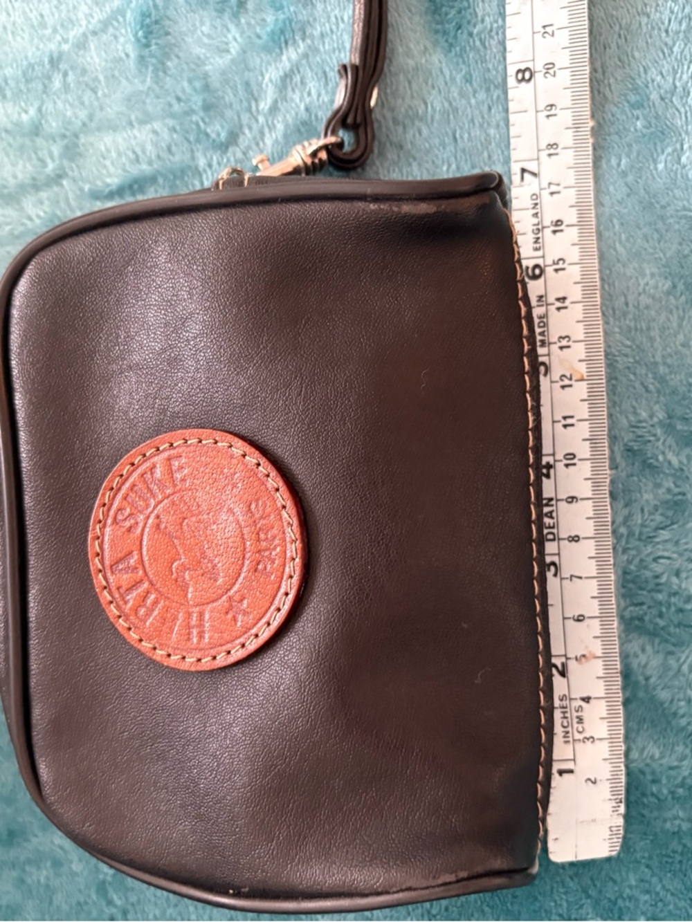 Black Leather Wristlet Belt Bag with Tan Logo Patch